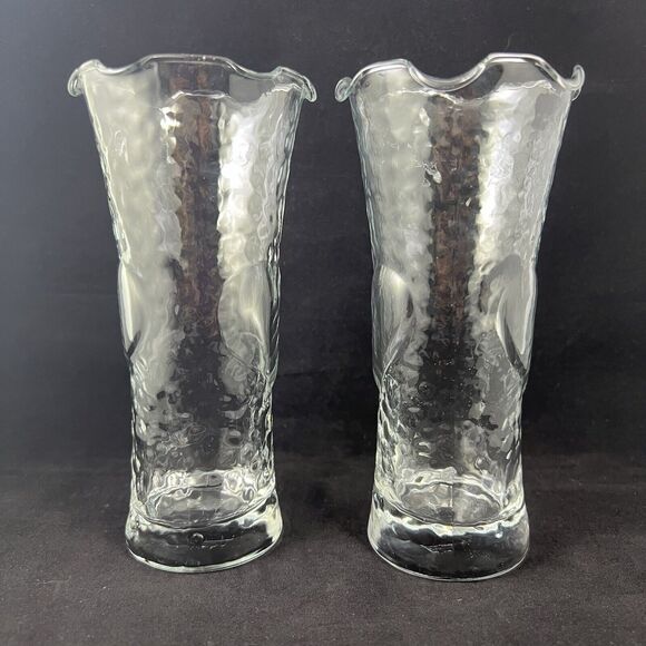 Set Of 2 Vintage Anchor Hocking Dimpled Heart Scalloped Edge Clear Glass Vase - Picture 2 of 13